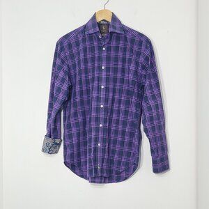 Tailorbyrd Men Purple Navy Blue Plaid Paisley Cuff 100% Cotton Button-Up Shirt S